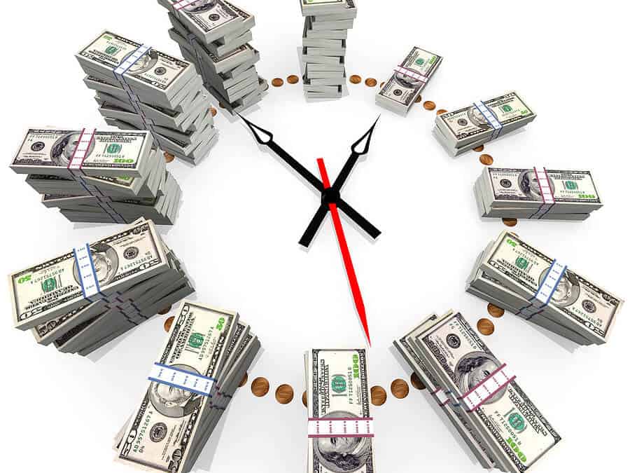 An entrepreneurship-themed clock adorned with money.