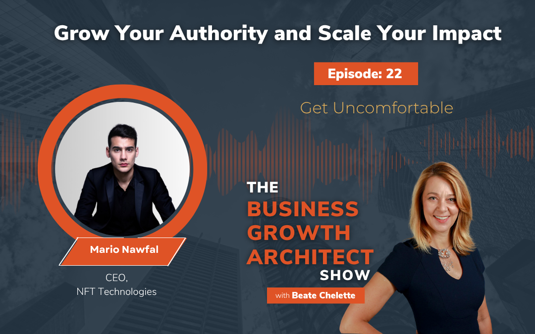 Promotional graphic for “The Business Growth Architect Show” Ep #22 featuring Mario Nawfal and Beate Chelette, highlighting the CEO of NFT Technologies and how to Get Uncomfortable for business growth.