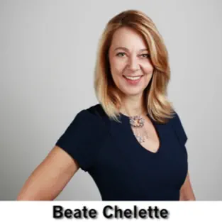 Beate Chelette, a woman in a blue dress, is the founder of Beate Chelette Media.