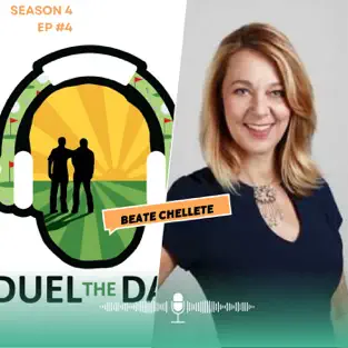 Promotional graphic for "Fuel the Day" podcast, featuring guest Beate Chelette Media and a stylized background with two silhouetted figures.