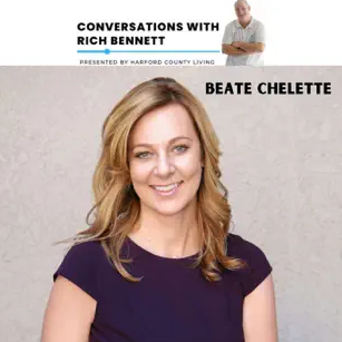 Promotional image for "Conversations with Rich Bennett" podcast featuring guest Beate Chelette from Beate Chelette Media, smiling woman in a purple top, with host's image in the top right