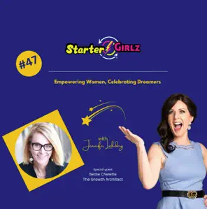 Podcast cover for "Starter Girlz" episode #47 showcases the inspiring dialogue between Jennifer Loehding and renowned Beate Chelette from Beate Chelette Media, titled "Empowering Women, Celebrating Dreamers.