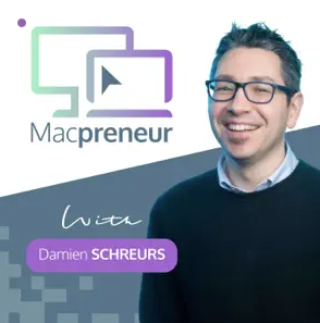 Man smiling in front of a "Macpreneur" logo with the name "Damien Schreurs" below, showcasing his latest collaboration with Beate Chelette Media.