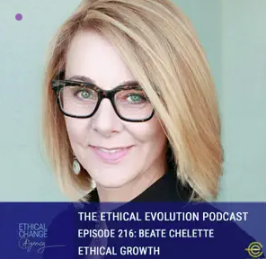 A woman with glasses smiles in front of a light blue background. Text reads: "The Ethical Evolution Podcast Episode 216: Beate Chelette, Ethical Growth." Brought to you by Beate Chelette Media.