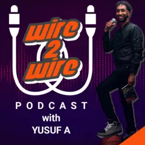 The Wire 2 Wire Podcast logo, brought to life by Beate Chelette Media, features a person holding a microphone and standing confidently on a basketball.