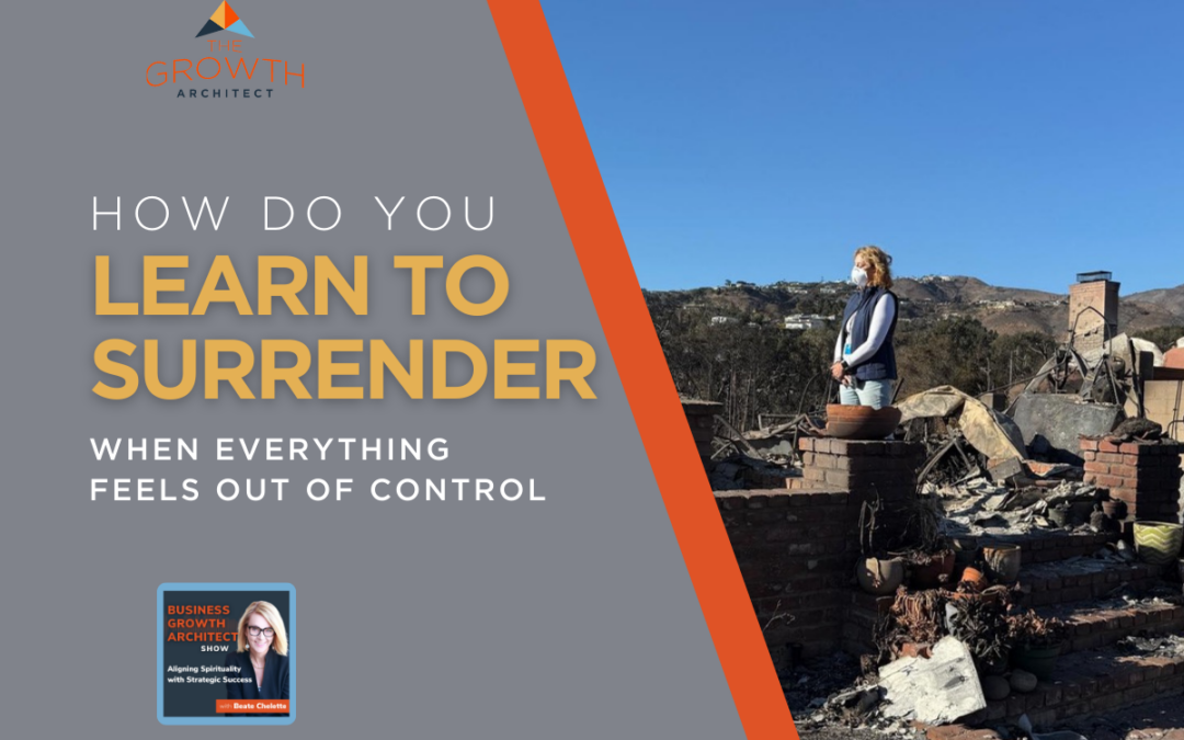 Amidst debris with mountains looming behind, a person ponders, "How do you learn to surrender when everything feels out of control?" Beside them, the book cover for *Lessons from the Palisades Fire* offers insight into finding calm amidst chaos.