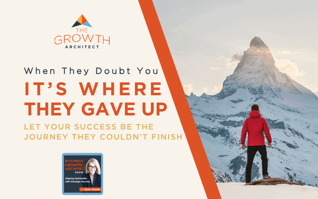A person in a red jacket stands on rocks facing a snow-covered mountain, with motivational text and a business podcast promotion about "AI Is Rising — How It Can Help You as a Small Business Owner" on the left side.